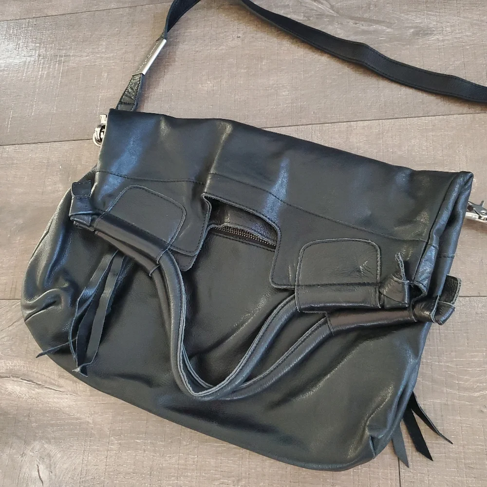 Foley + Corrina Mid City Black Leather Foldover Tote Bag Crossbody